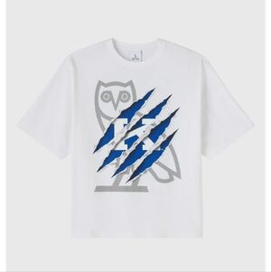 OVO White Tee with Gray Owl and Blue Claw Graphic